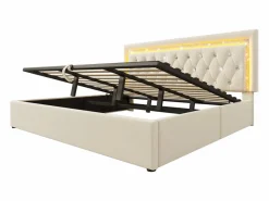 ModernLuxe Cama con almacenamiento acolchada 180x200cm en terciopelo - con iluminación LED - con puertos USB y Tipo-C - con somier de láminas - (sin colchón) Beige Sale