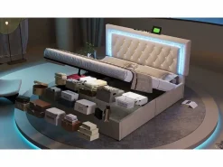 ModernLuxe Cama con almacenamiento acolchada 140x200cm en terciopelo - con iluminación LED - con puertos USB y Tipo-C - con somier de láminas - (sin colchón) Beige Online