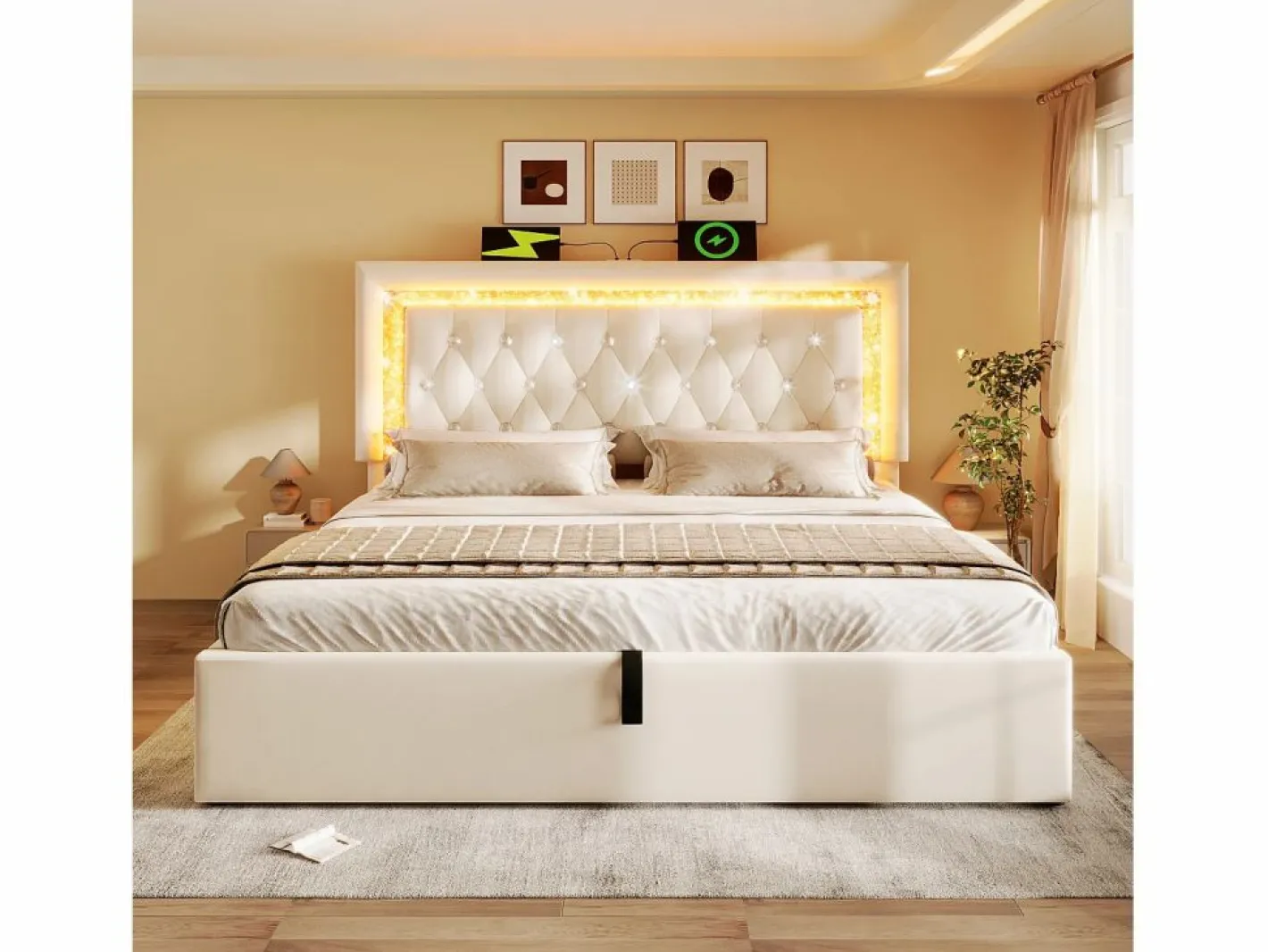ModernLuxe Cama con almacenamiento acolchada 140x200cm en terciopelo - con iluminación LED - con puertos USB y Tipo-C - con somier de láminas - (sin colchón) Beige Online