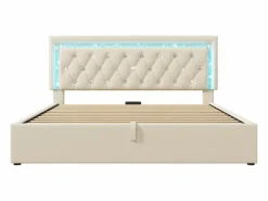 ModernLuxe Cama con almacenamiento acolchada 140x200cm en terciopelo - con iluminación LED - con puertos USB y Tipo-C - con somier de láminas - (sin colchón) Beige Online