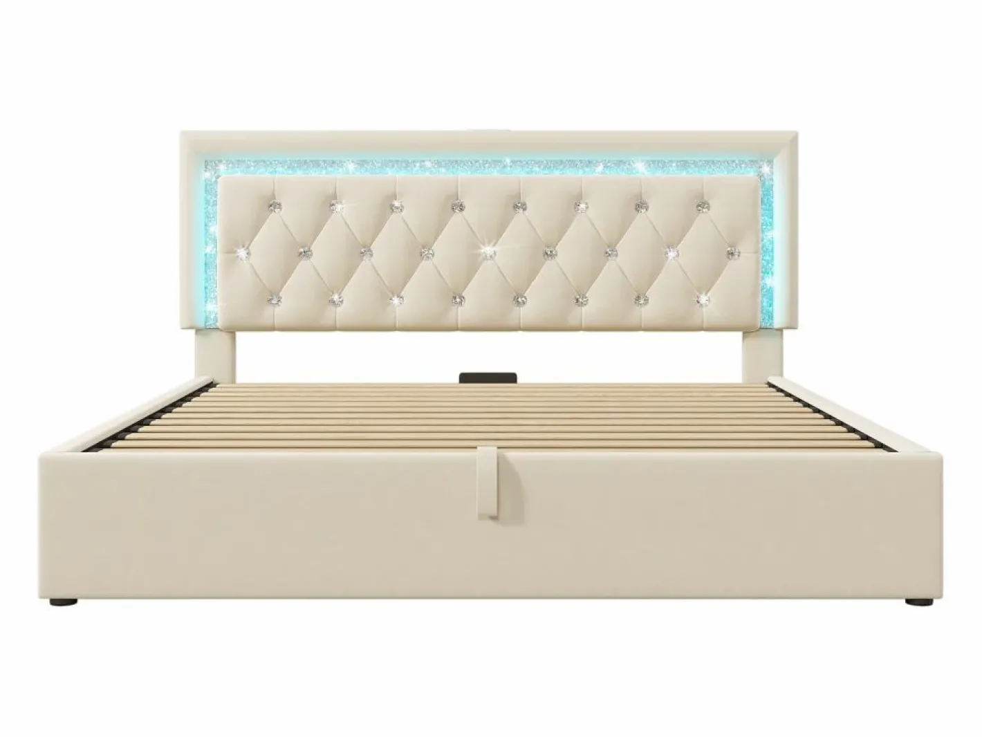 ModernLuxe Cama con almacenamiento acolchada 140x200cm en terciopelo - con iluminación LED - con puertos USB y Tipo-C - con somier de láminas - (sin colchón) Beige Online