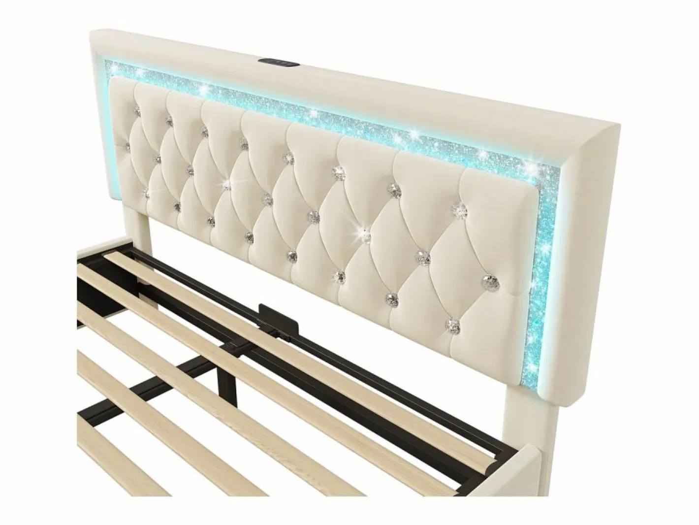 ModernLuxe Cama con almacenamiento acolchada 140x200cm en terciopelo - con iluminación LED - con puertos USB y Tipo-C - con somier de láminas - (sin colchón) Beige Online