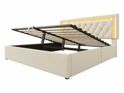 ModernLuxe Cama con almacenamiento acolchada 140x200cm en terciopelo - con iluminación LED - con puertos USB y Tipo-C - con somier de láminas - (sin colchón) Beige Online
