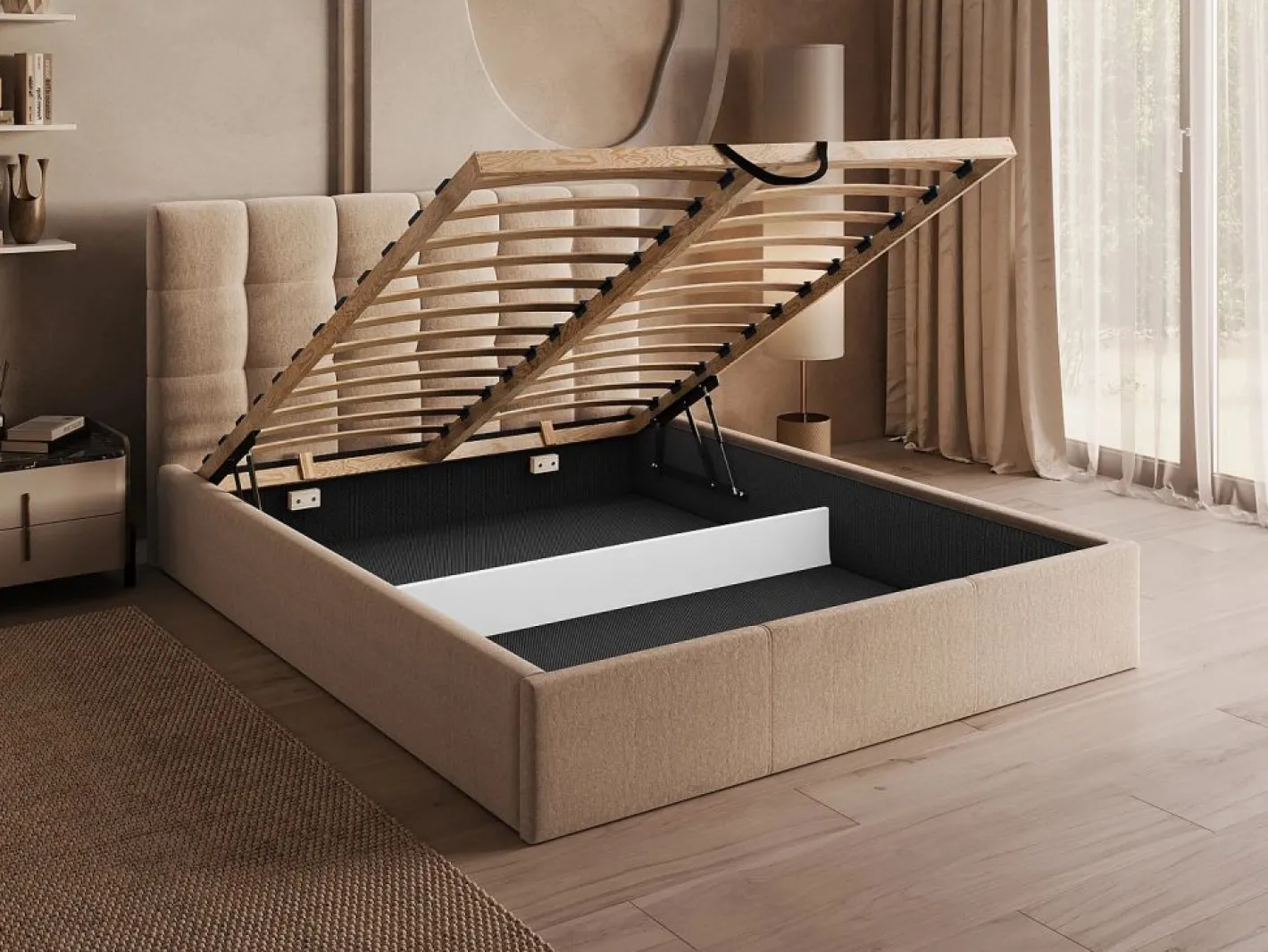 Vente-unique Cama con arcón king size 200 x 200 cm de terciopelo en color - MIRDAL Beige Discount
