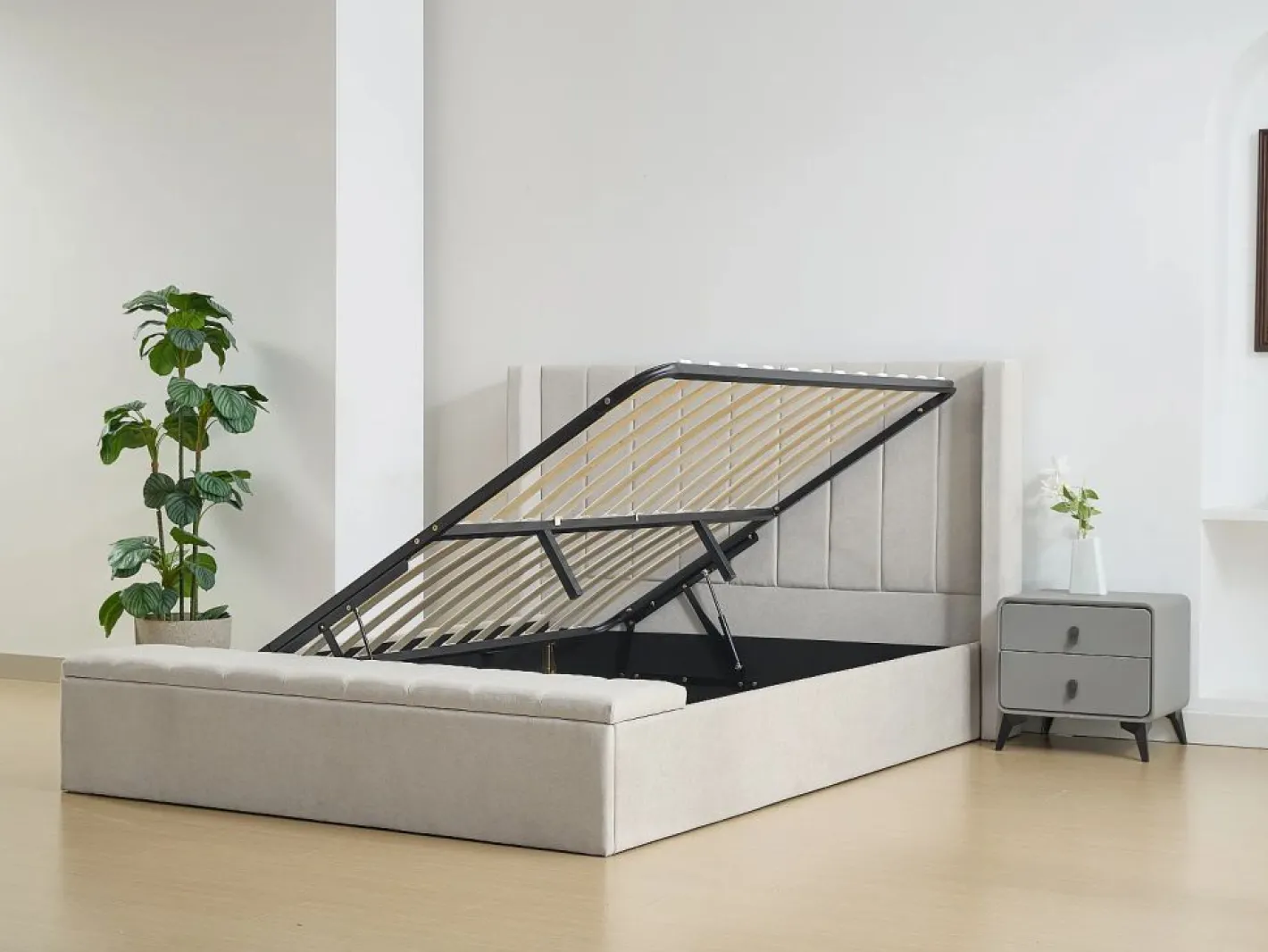 Cama con baúl 160 x 200 cm con banco en tela color - DOUINO^Vente-unique Discount