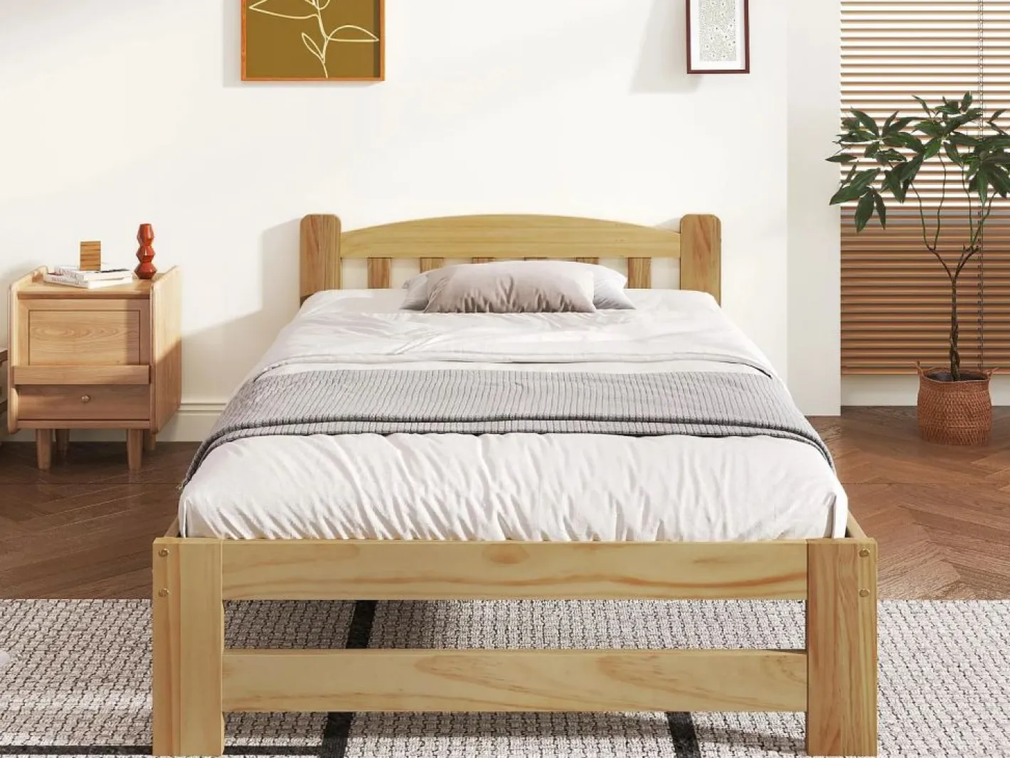 Merax Cama con cabecero - 90 x 200 cm - madera maciza - somier de láminas - color natural Color natural claro Discount
