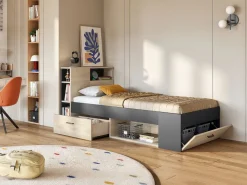 Vente-unique Cama con cabecero con compartimentos 90 x 190 antracita y natural con somier - LEANDRE Gris antracita / Color natural claro Discount