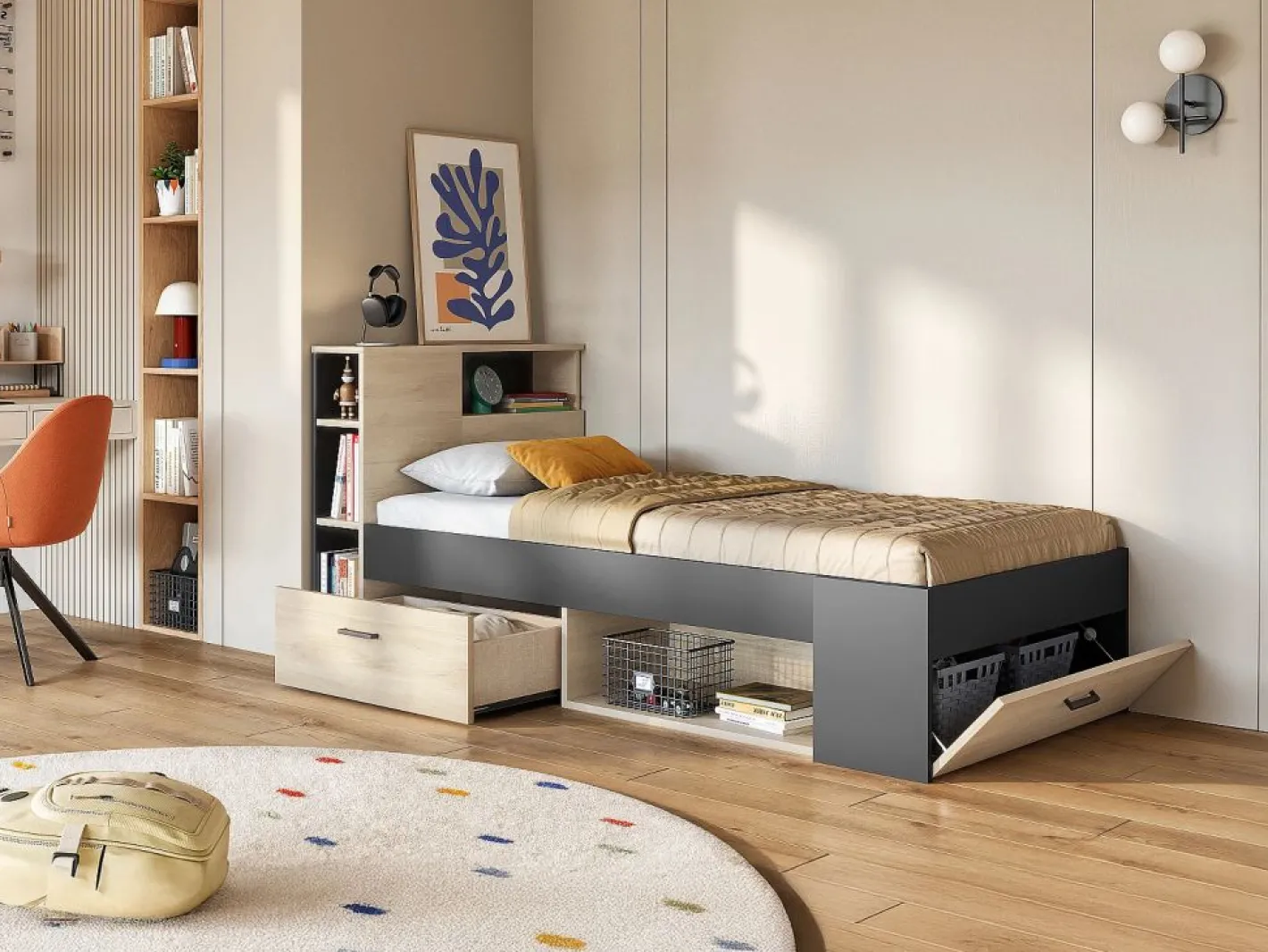 Vente-unique Cama con cabecero con compartimentos 90 x 190 antracita y natural con somier - LEANDRE Gris antracita / Color natural claro Discount