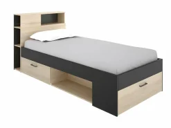 Vente-unique Cama con cabecero con compartimentos 90 x 190 antracita y natural con somier - LEANDRE Gris antracita / Color natural claro Discount