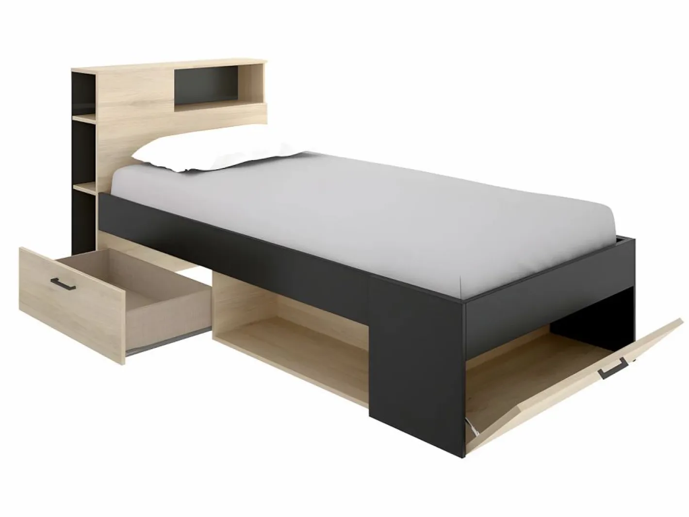 Vente-unique Cama con cabecero con compartimentos 90 x 190 antracita y natural con somier - LEANDRE Gris antracita / Color natural claro Discount