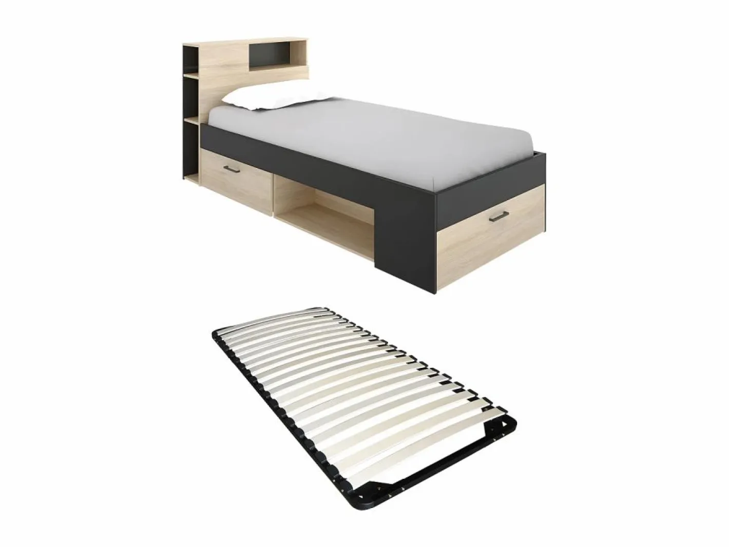 Vente-unique Cama con cabecero con compartimentos 90 x 190 antracita y natural con somier - LEANDRE Gris antracita / Color natural claro Discount