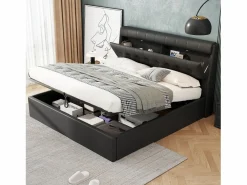 Merax Cama Con Canapé|Cama Adulto|Cama con cabecero de 140 x 200 cm con canapé abatible - LED - Piel sintética - Color (sin colchón)
