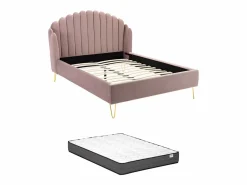 Cama con cabecero ondulado 140 x 190 cm Terciopelo rosa charme vintage + colchón SAGALI^Vente-unique Discount