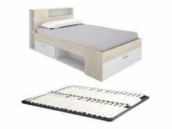 Vente-unique Cama Con Almacenaje|Cama Infantil|Cama con canapé 120 x 190 cm en color natural y blanco + somier de láminas - LEANDRE