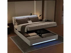 Cama con canapé con LED RGB y puertos USB-C/USB – 160x200 cm – Tejido – Cabecero ajustable – Gran capacidad de almacenaje Beige Sale