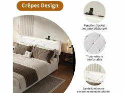 Cama con canapé con LED RGB y puertos USB-C/USB – 160x200 cm – Tejido – Cabecero ajustable – Gran capacidad de almacenaje Beige Sale