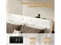 Cama con canapé con LED RGB y puertos USB-C/USB – 160x200 cm – Tejido – Cabecero ajustable – Gran capacidad de almacenaje Beige Sale