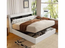 Merax Cama con canapé de 140 x 190 cm con cabecero de almacenaje - LED - Piel sintética - (sin colchón) Blanco Hot