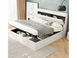 Merax Cama con canapé de 140 x 190 cm con cabecero de almacenaje - LED - Piel sintética - (sin colchón) Blanco Hot
