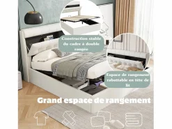 Merax Cama con canapé de 140 x 190 cm con cabecero de almacenaje - LED - Piel sintética - (sin colchón) Blanco Hot