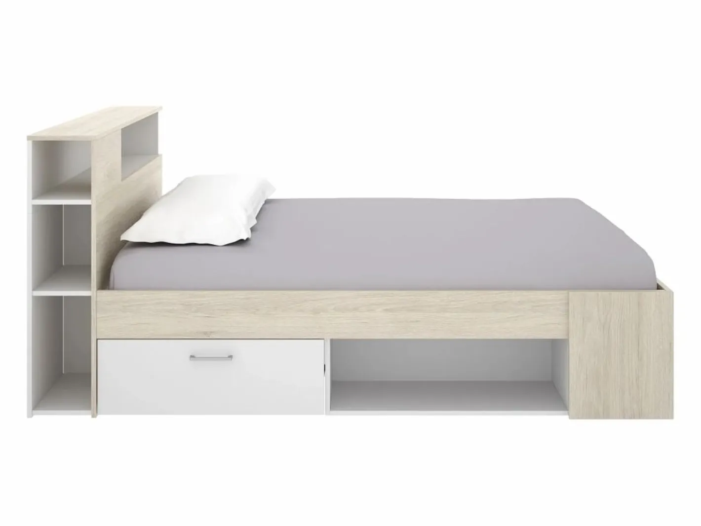 Vente-unique Cama con canapé 120x190 cm en color natural y blanco + somier + colchón - LEANDRE Color natural claro / Blanco Outlet