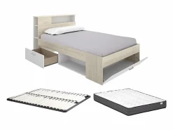 Vente-unique Cama con canapé 120x190 cm en color natural y blanco + somier + colchón - LEANDRE Color natural claro / Blanco Outlet