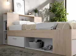 Vente-unique Cama con compartimentos 140 x 190 cm color natural y blanco + somier - LEANDRE Color natural claro / Blanco Sale