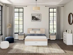 Vente-unique Cama con compartimentos 140 x 190 cm color natural y blanco + somier - LEANDRE Color natural claro / Blanco Sale