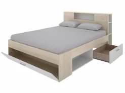 Vente-unique Cama con compartimentos 140 x 190 cm color natural y blanco + somier - LEANDRE Color natural claro / Blanco Sale
