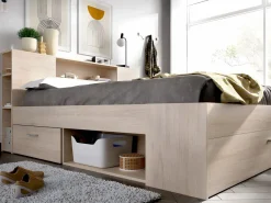 Cama con compartimentos 140 x 190 cm color natural + somier + colchón - LEANDRE^Vente-unique Outlet