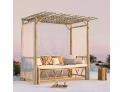 Rendez-Vous Déco Cama con dosel de exterior en rama de teca y lona - Tika Blanco Best