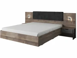 Vente-unique Cama Con Almacenaje|Cama Adulto|Cama con mesas de noche 160 x 200 cm con LEDs en natural y antracita + somier - LAONILE