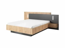 Vente-unique Cama con mesitas de noche 2 cajones 160 x 200 cm LEDs natural y antracita + somier - FRANCOLI Gris antracita / Color natural claro Online