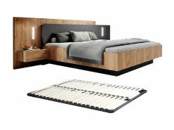 Vente-unique Cama con mesitas de noche 2 cajones 160 x 200 cm LEDs natural y antracita + somier - FRANCOLI Gris antracita / Color natural claro Online