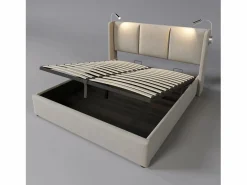 Merax Cama Con Canapé|Cama contenedor 140 x 200 cm con cabecero - tela de lino - USB + lámpara de lectura -