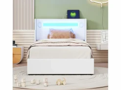 Merax Cama contenedor 90 x 200 cm con cabecero - LED, reproductor Bluetooth y toma USB - Cuero PU - Blanco Discount