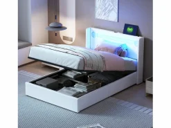 Merax Cama contenedor 90 x 200 cm con cabecero - LED, reproductor Bluetooth y toma USB - Cuero PU - Blanco Discount