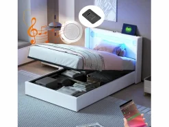 Merax Cama contenedor 90 x 200 cm con cabecero - LED, reproductor Bluetooth y toma USB - Cuero PU - Blanco Discount