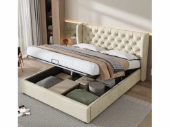 ModernLuxe Cama Terciopelo|Cama Con Canapé|Cama contenedor acolchada de terciopelo 160x200 cm con somier de láminas -