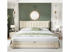 Cama contenedor acolchada 160x200cm en terciopelo - con cajón y somier - Beige (sin colchón)^ModernLuxe Clearance