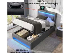 Cama contenedor de piel sintética de 90x200 cm con LED - con puertos de carga (por cable e inalámbrico) -^ModernLuxe Clearance
