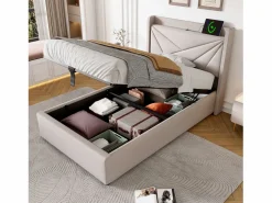 Cama contenedor de tela de lino 90x200 cm - con puerto USB y somier -^ModernLuxe Sale