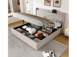 ModernLuxe Cama Con Canapé|Cama Con Almacenaje|Cama contenedor de tela de lino 160x200 cm - con puerto USB y somier -