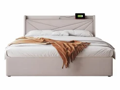 ModernLuxe Cama Con Canapé|Cama Con Almacenaje|Cama contenedor de tela de lino 160x200 cm - con puerto USB y somier -