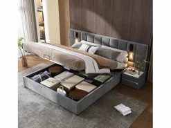 ModernLuxe Cama contenedor de terciopelo - 180x200cm - con LED y puerto de carga - (mesita de noche no incluida) Gris