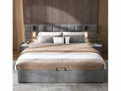 ModernLuxe Cama contenedor de terciopelo - 180x200cm - con LED y puerto de carga - (mesita de noche no incluida) Gris