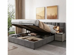 ModernLuxe Cama contenedor de terciopelo - 180x200cm - con LED y puerto de carga - (mesita de noche no incluida) Gris