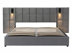 ModernLuxe Cama contenedor de terciopelo - 180x200cm - con LED y puerto de carga - (mesita de noche no incluida) Gris