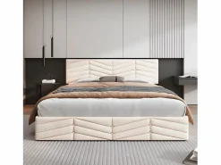 ModernLuxe Cama contenedor de terciopelo con somier de láminas + cabecero ajustable - 140x190cm - Beige Online