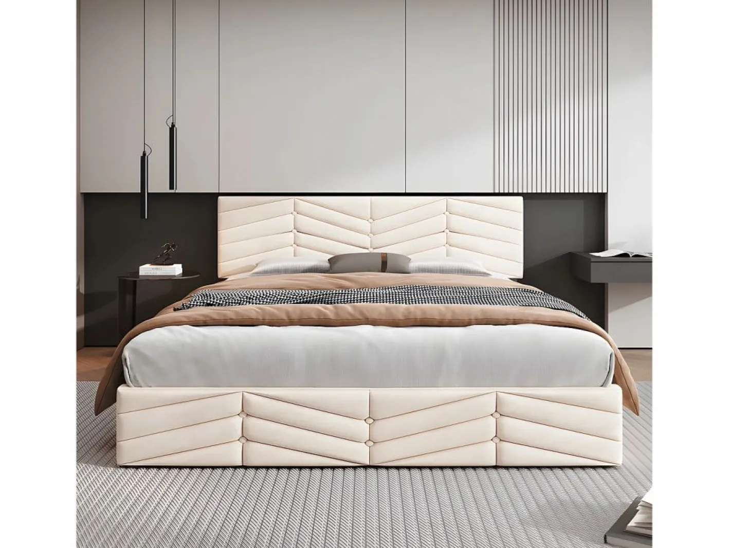 ModernLuxe Cama contenedor de terciopelo con somier de láminas + cabecero ajustable - 140x190cm - Beige Online